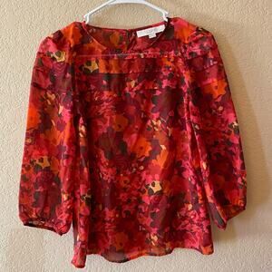 NWOT: Loft Red and Orange Floral 3/4 Sleeve Blouse - Size: XXSP
